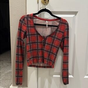 Free People Plaid Red Long Sleeve Top